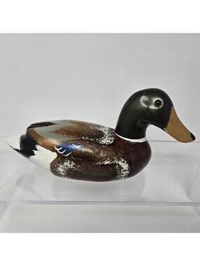 Vintage 1984 Fetco Hand Carved Wooden Painted Duck Mallard with Glass Eyes 7"